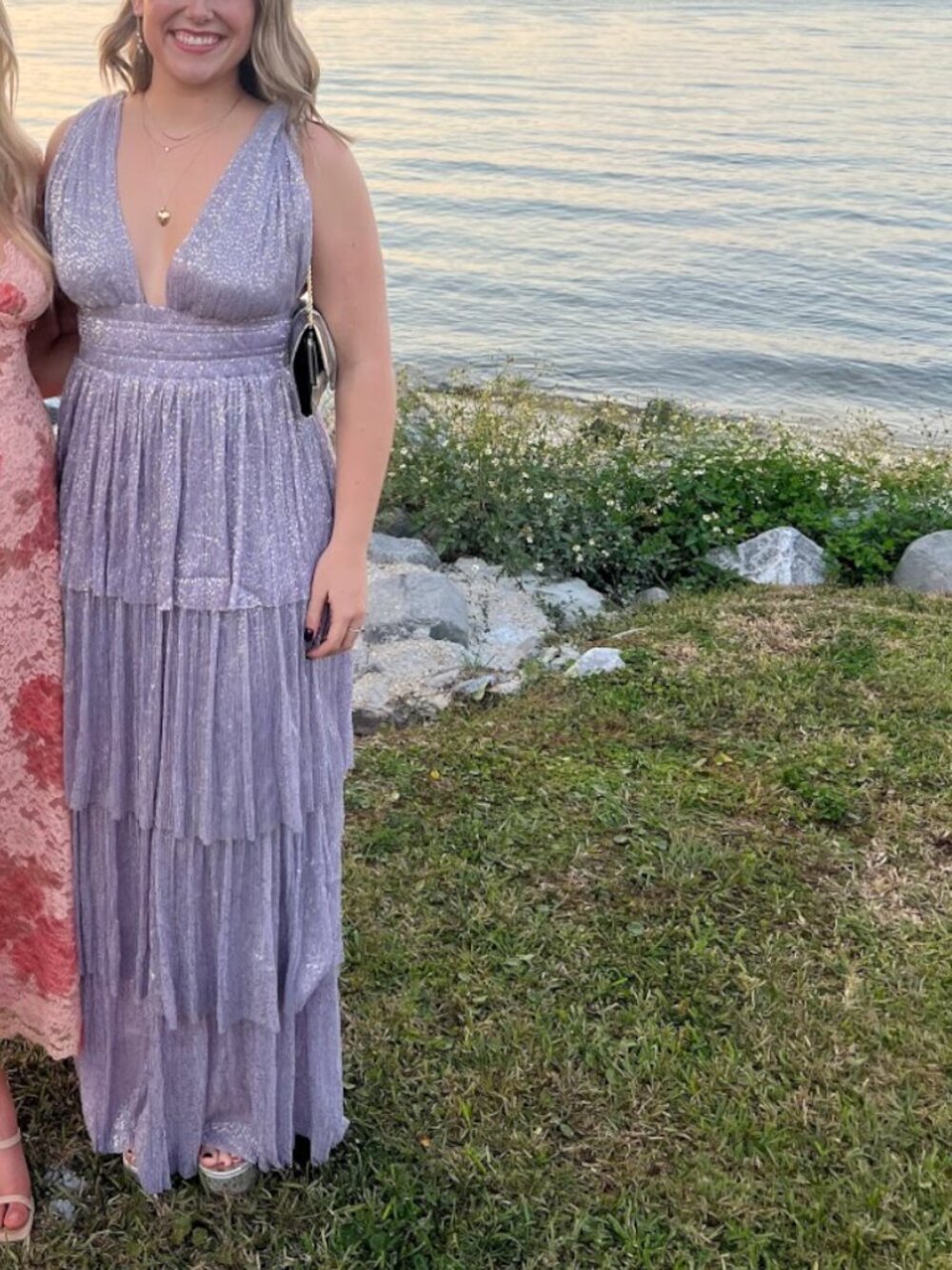 Sabina Musayev Alpha Pleated Maxi Dress Lilac Metallic Tiered Size M